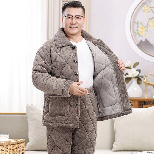 随阅睡衣男士冬季加绒加厚爸爸棉袄冬天牛奶绒保暖家居服中老年人套装 N9926F蓝 牛奶绒 升级加厚 L 码 90-120斤