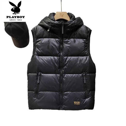 花花公子（PLAYBOY）黑金羽绒马甲加厚高蓬松白鸭绒坎肩连帽马夹2025冬季羽绒服男外套 黑色 XL 体重115-130斤