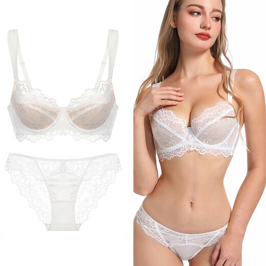 Victoria Palace Lace Underwear Feminine Thin Cotton Eyelash Bra Large Breasts Show Small Push-Up Gather Anti-Sagging Large Size Underwear Set White 85C/38