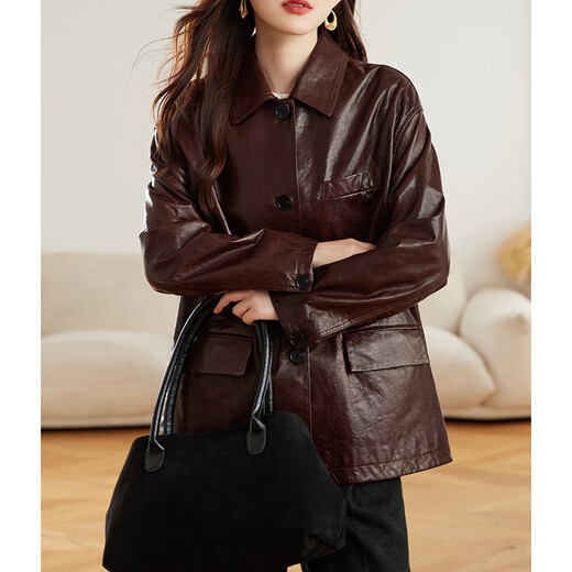 Fabersa brand autumn 2025 oil wax sheepskin popular high-end Maillard genuine leather leather jacket women's mid-length coat women's oil wax leather jacket S recommended 80-110Jin Jin equals 0.5 kg