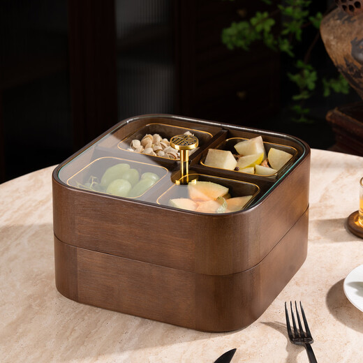 Flower Language Four Seasons Home Living Room Dried Fruit Box Solid Wood Nut Snack Storage Box 2025 New Chinese Style Melon Seed Candy Compartmented Fruit Plate Jinfu Handle 4 Compartments Rounded Corners Single Layer + 4 Square Bowls