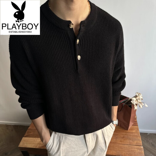 Playboy (PLAYBOY) old money style Henry collar sweater men's winter cleanfit retro POLO sweater lazy bottoming shirt black high quality XL