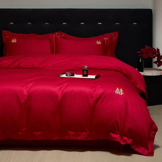 Mercury series home textiles high-end bright red wedding four-piece set wedding quilt cover pure cotton pure cotton sheets and fitted sheets bedding, the only 1.8 fitted sheet four-piece set quilt set 200*230