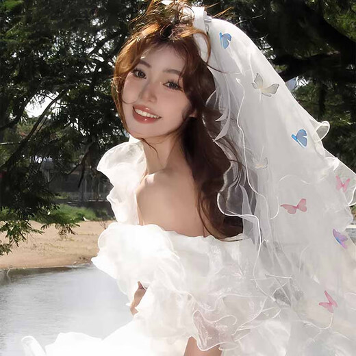 Bo Na Ling Veil Bridal Butterfly Wedding Registration Certificate Veil Simple Travel Photography Photo Proposal Concert Headwear Props Colorful Butterfly Four-layer Beaded Veil About 80cm