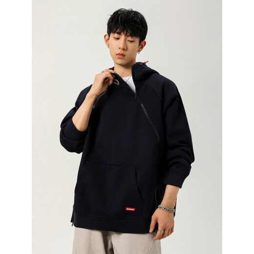 OEMG shark mouth zipper design hoodie sweatshirt men's autumn trendy brand pullover top loose jacket navy blue XL recommended 110-130Jin Jin equals 0.5 kg