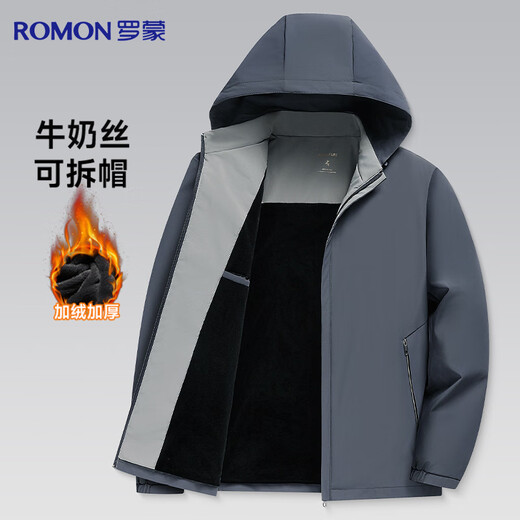 Romon jacket men's spring, autumn and winter new style velvet thickened detachable hooded business casual young and middle-aged dad jacket