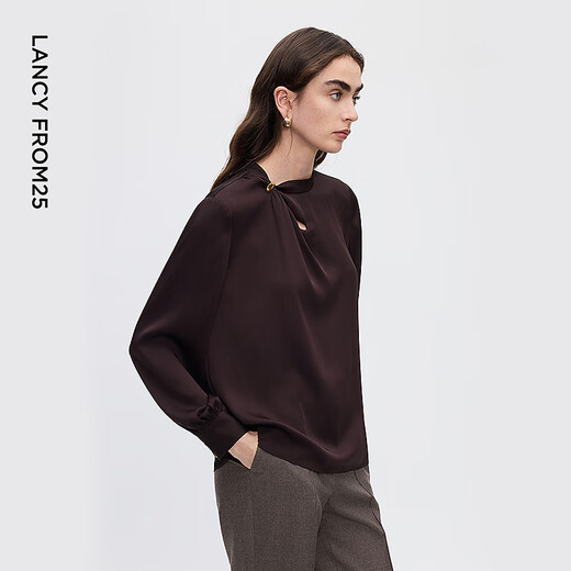 Langzi Pinch-pleat Hollow Design Shirt Fashionable Drape Commuting Metal Button Shirt 2025 Winter New Style Chocolate Color 2 L