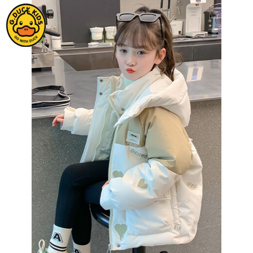 G.duck girls winter down jacket 2025 new style foreign style jacket super good-looking children's cotton jacket winter girl color matching jacket off-white 140 suitable for 130-135cm age 8-9 years old built