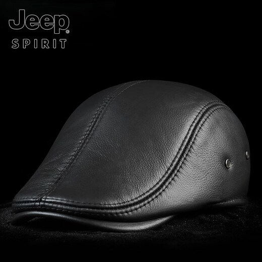 JEEP SPIRIT hat men's autumn and winter fashion genuine leather warm peaked cap middle-aged and elderly ear protection cowhide cotton hat beret forward cap first layer cowhide yellow brown with thick ear protection M XXL (60-61c)