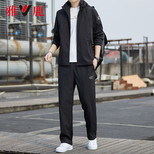 Yalu sports suit men's spring and autumn jacket men's trendy middle-aged and elderly jackets casual trousers handsome tops two-piece set black XL recommended 125-140Jin Jin equals 0.5 kg