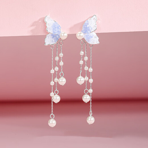 NSYCA Old Phoenix sterling silver 9999 silver needle blue butterfly earrings new pearl tassel earrings suitable for round faces 2389 blue butterfly tassel Lao Fengxiang same style