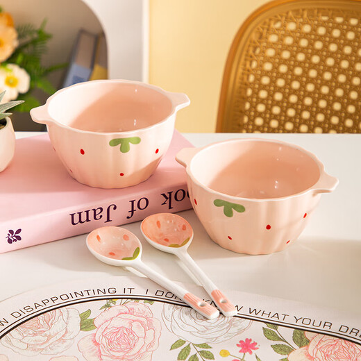 Girly Heart Strawberry Double-Eared Bowl and Spoon Thickened Soup Bowl Salad Bowl Rice Bowl Household Bowl High-Looking Underglaze Color Tableware Light Pink Strawberry Double-Eared Bowl (1 Bowl 1 Spoon) 2-piece Set