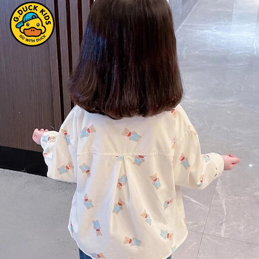G.duck bear print girls' style shirt spring and autumn loose casual long-sleeved baby Korean style fashionable children's shirt women's off-white regular 130