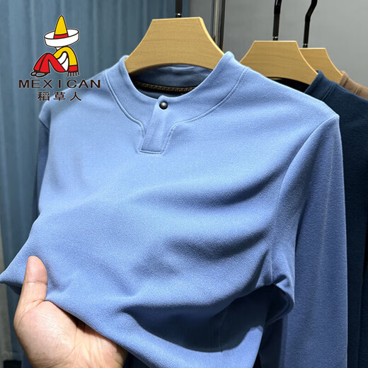 Scarecrow Double-sided German Velvet Henley Collar Slim Bottoming Shirt Men's Autumn and Winter T-shirt Men's Long Sleeve Thermal Brushed Underwear Gray L 170