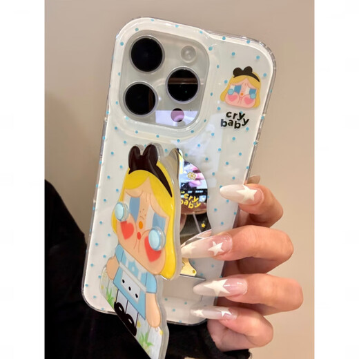 Jisma Japanese and Korean cute ins polka dot blue skirt crying baby flip mirror suitable for 16promax new 15pro Apple phone case 14pro double layer 13 all-inclusive 11 anti-fall 12 soft plu polka dot blue skirt crying baby shell + mirror stand iPhone 16 pro