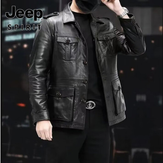 JEEP SPIRIT Heavy Industry Quality Motorcycle Leather Jacket Leather Jacket Slim Hunting Short Lapel Multi-Pocket Autumn and Winter New Men's Clothing Black M 90-110Jin Jin is equal to 0.5 kg