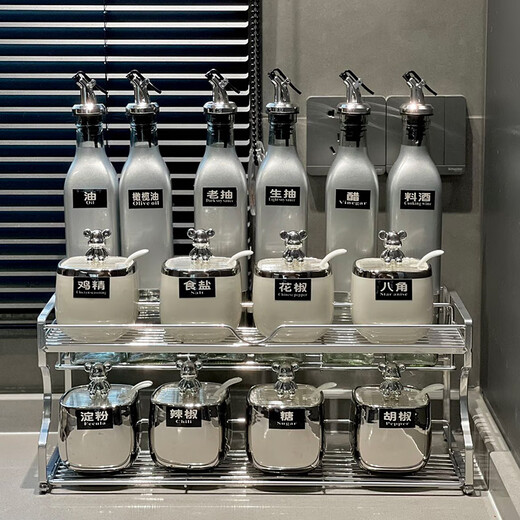 Llama light luxury silver ceramic seasoning box soy sauce bottle combination set kitchen household high-end seasoning jar seasoning bottle complete set double-layer 15-piece set - bear mixed color crown - silver bottle 11-piece set and above