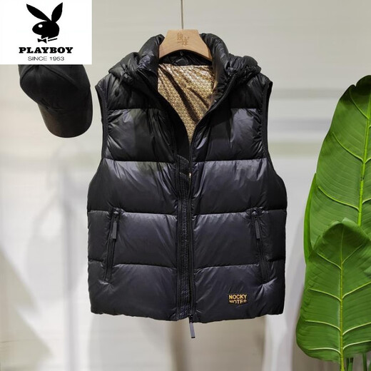 花花公子（PLAYBOY）黑金羽绒马甲加厚高蓬松白鸭绒坎肩连帽马夹2025冬季羽绒服男外套 黑色 XL 体重115-130斤