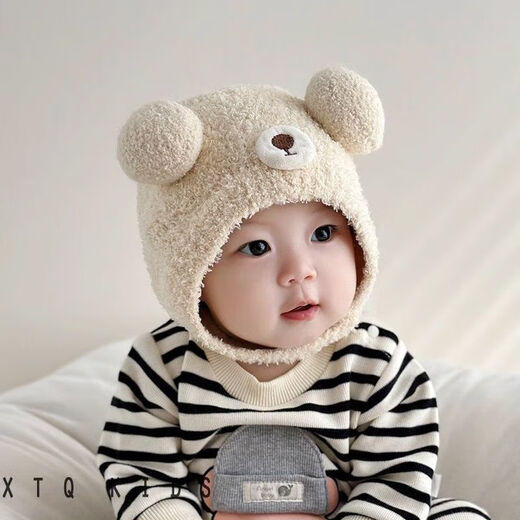 Baby Hat Autumn and Winter Cute and Super Cute Ball Infant and Toddler Pullover Ear Protector Hat for Small Months 2025 New Style Warm Skin Friendly Cotton/Breathable and Untied Protective Font and Ear Protector/Beige Suitable for Ages Within 3 Years-Infant Category A