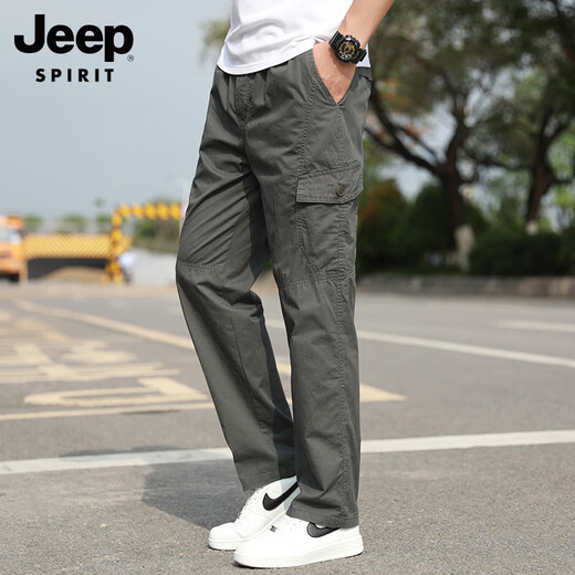 JEEP SPIRIT Casual Pants Men's Summer Overalls Outdoor Loose Sports Pants Summer Straight Pants Long Pants Light Gray XL