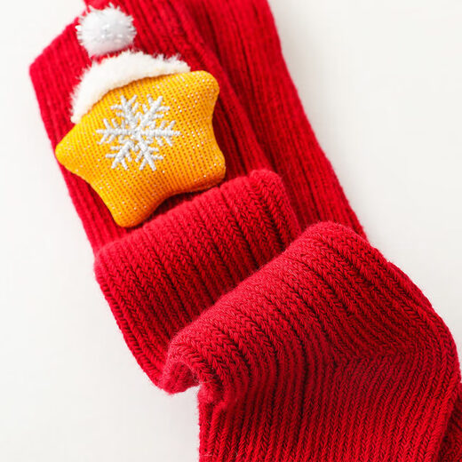 Fashionable New Year's popular cotton cartoon Christmas knee-high socks with red stars, 3 pairs, 0-1 years old (S), foot length 9-11cm