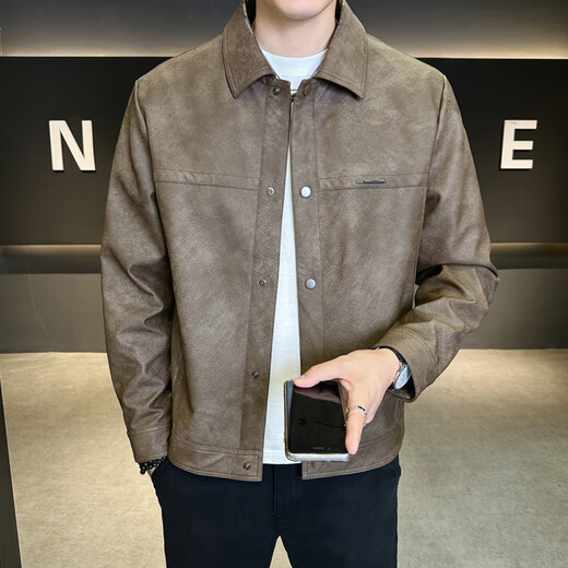 FUGUINIAO leather jacket for men spring and autumn 2025 new trendy lapel, versatile, handsome, casual, simple men's jacket, coffee color 2XL