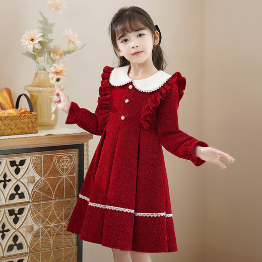 Piggy Banner (PEPCO) girls winter red dress stylish plus velvet children's clothing winter skirt little girl princess dress red 120