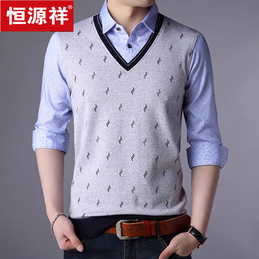 Hengyuanxiang men's fake two-piece sweater autumn long-sleeved T-shirt casual bottoming sweater men's middle-aged dad's top autumn 3878 red 170/L