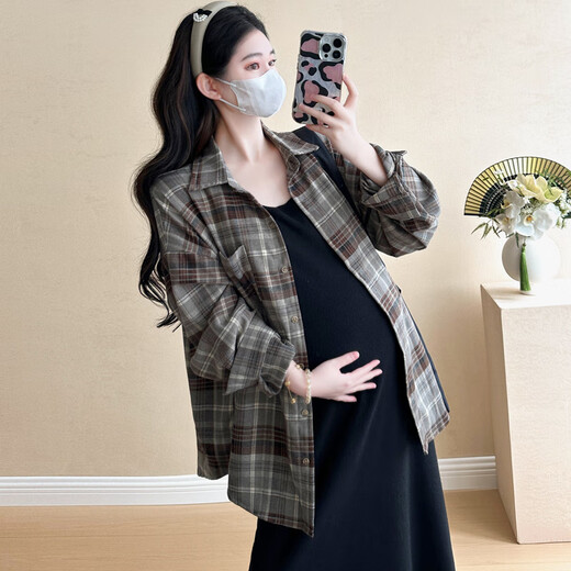 Japan's high-end maternity dress, new large size plaid shirt skirt, autumn and winter suit, high-end wear for pregnant mother, plaid shirt, single piece L