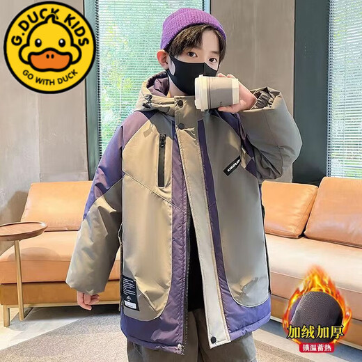 G.duck boys' velvet parka winter style 2025 new thickened medium and large children's jacket warm cotton clothing 10-year-old trend purple 170 recommended height 160-170cm13-15 years old