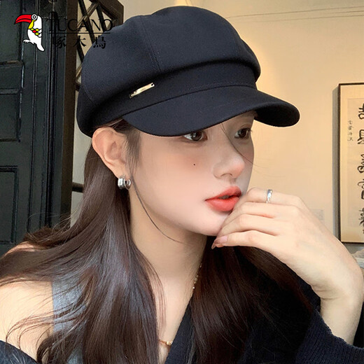 Woodpecker beret women's hat 2026 spring new newsboy hat big head circumference showing face small octagonal hat painter hat black one size