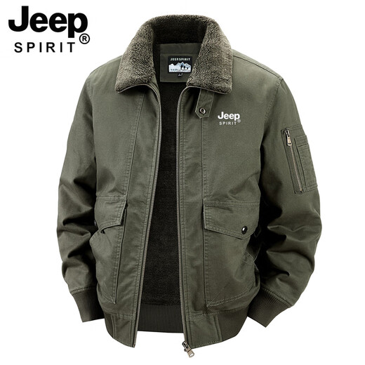 JEEP SPIRIT 2025 winter velvet thickened jacket men's cotton-padded bomber jacket men's large size loose top youth military green XL