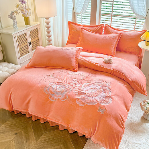Mercury series home textiles winter plus velvet and thickened milk velvet four-piece set 2024 new double-sided velvet embroidered quilt cover coral velvet bed sheet bloom--Emma Orange bed sheet style 1.5-2.0M four-piece set