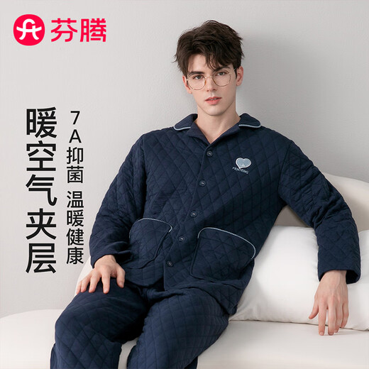 Fenton couple pajamas 7A antibacterial outer layer pure cotton 2025 autumn and winter new warm air sandwich home wear set can be worn outside Sapphire Blue - Men's L