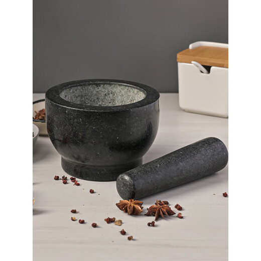 Stone mortar, stone garlic pounder, grinding jar, masher, medicine jar, garlic mortar, black granite cylinder type, diameter 15 cm, height 12 cm, stone mortar splash-proof cover