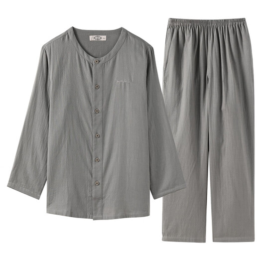 American Standard spring and autumn new long-sleeved couples pure cotton pajamas set women's cotton can be worn outside double-layer cotton gauze home clothes winter men's gray (double-layer cotton gauze) 2XL
