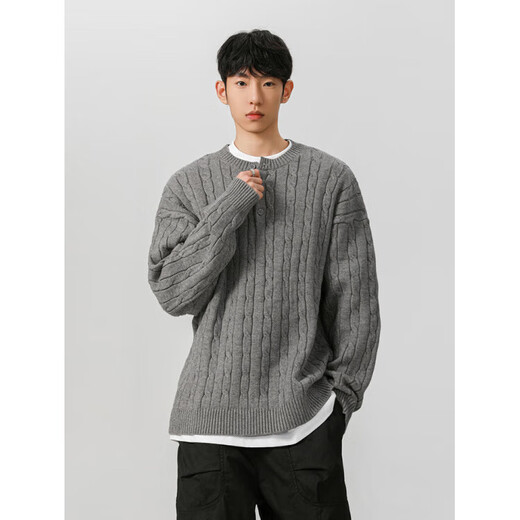 Xianshengyi Gray Thick Thread Henry Collar Sweater Men's Autumn and Winter New Lazy Twist Knitted Sweater American Men's Bottoming Gray M