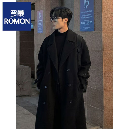 ROMON Belt Tie Mid-Length Woolen Coat Men's Knee-Level Loose Winter Thickened Korean Woolen Windbreaker Jacket Trend Black Counter Genuine 3XL Recommended 180-210Jin Jin is equal to 0.5 kg