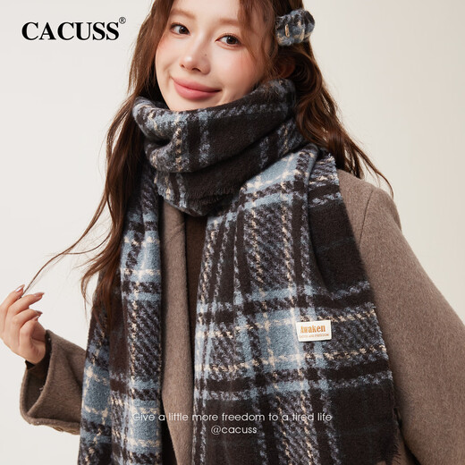 CACUSS Scarf Women's Autumn and Winter Warm Scarf Outdoor Cold-proof Shawl Women's Tassel Design Birthday Gift Blue Brown Check