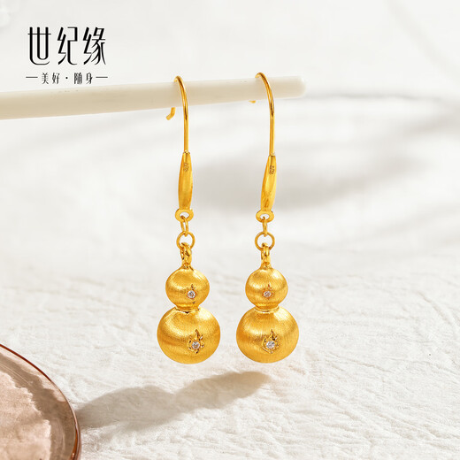 Century edge brushed gourd 18K gold earrings inlaid with zircon Fulu ear hooks Chinese style classic birthday gift for girlfriend