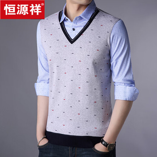 Hengyuanxiang men's fake two-piece sweater autumn long-sleeved T-shirt casual bottoming sweater men's middle-aged dad's top autumn 3878 red 170/L