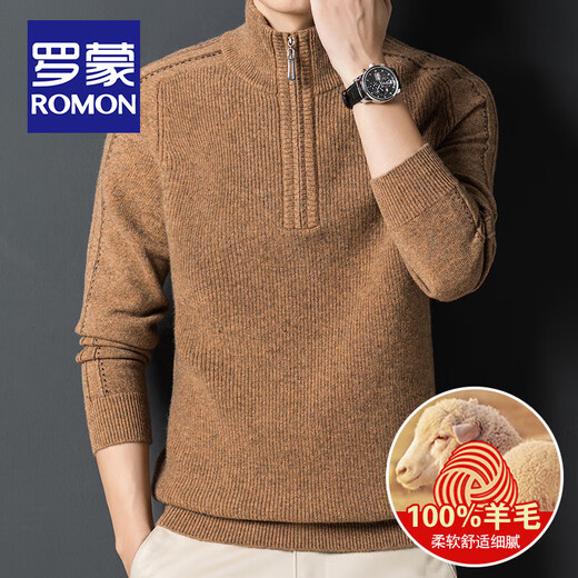 ROMON 100% sheep wool sweater men's half-zip stand-up collar sweater autumn and winter business casual middle-aged warm base sweater H-B03-10917 camel yellow M size 165/85A