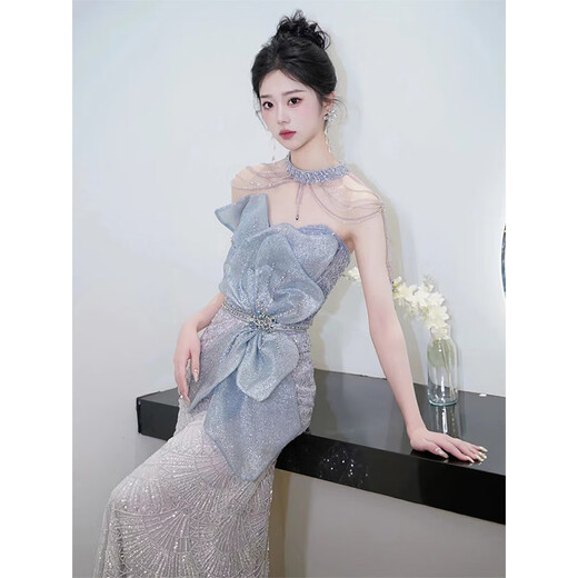 ACJK Heavy Industry Evening Dress High-end Host Banquet Temperament Shiny Blue Halter Fishtail Toast Wear Bridal Feeling Gray No Necklace M