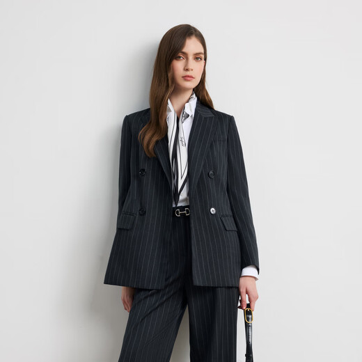 Scofield Wool 100% Women's Intelligent Peaked Collar Striped Suit Double Breasted 2025 Autumn New Arrival Gray (Suit) S 160