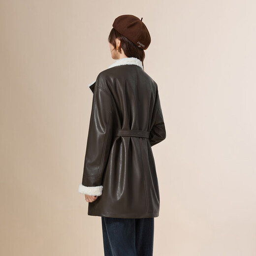 IEF/Aiyifu 2025 winter new style French retro style plus velvet warm commuting temperament shiny leather medium jacket coffee one size