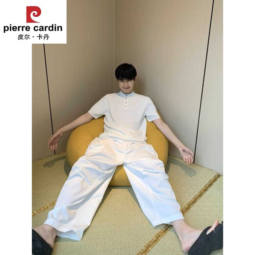 Pierre Cardin brand high-end knitted solid color pullover button short-sleeved t-shirt for men summer Korean style loose henley collar polo shirt light gray S