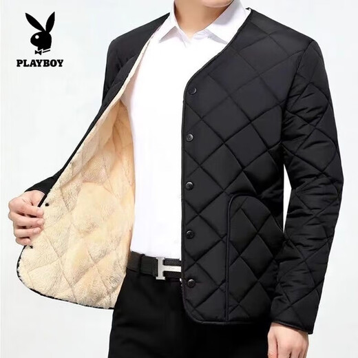 Playboy (PLAYBOY) autumn and winter men's cotton-padded jacket with velvet and thickening for cold protection, men's cotton-padded jacket with warm snap buttons, middle-aged dad's cotton-padded coat, official flagship, fine velvet and velvet, thickened navy blue 2XL 110-130Jin Jin is equal to 0.5kg