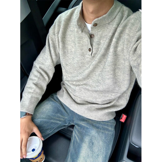 Senma Gray Henley Collar Sweater Men's Autumn Cleanfit Feeling Bottoming Sweater American Lazy Chic Sweater Gray Upgraded M