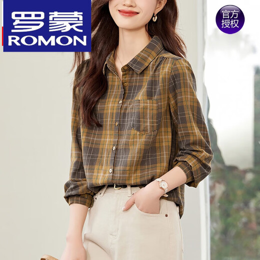 ROMON high-end red plaid cotton shirt women's long-sleeved 2025 spring and autumn shirt color matching top red M Weight 110-125 Jin Jin equals 0.5 kg