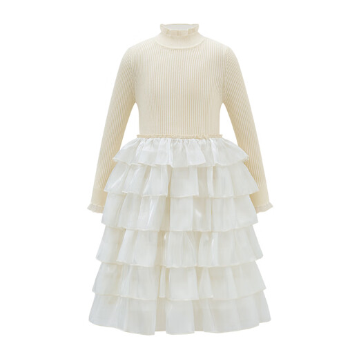 Little Naive Girls Fashion Cake Princess Dress Autumn Children's Knitted Long Sleeve Splicing Dress Beige 130